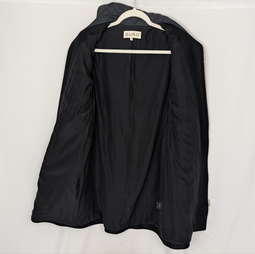 SUNO sz. 4 100% Wool 100% Silk Lined Coat Black Quilted Mixed Media Zip Front - Picture 3 of 13